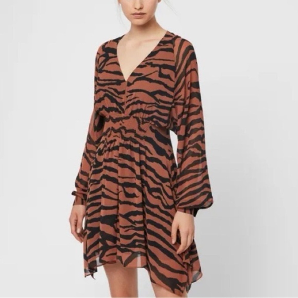 ALL SAINTS Nichola Zephyr Tiger Toffee Brown Black Long Sleeve Midi Dress XS